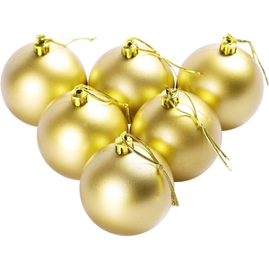 Set of 6 gold matte Christmas tree ornaments with hanging loops on a white background