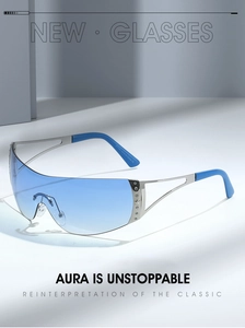 Macro shot of futuristic rimless sunglasses showing blue lenses and star rhinestones
