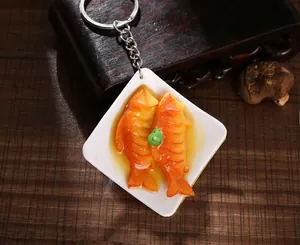 Detailed realistic red braised fish food model keychain on a mini white plate