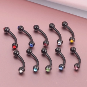 Set of 10 curved black stainless steel eyebrow rings with multi-colored cubic zirconia studs