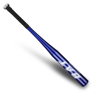 Blue aluminum alloy baseball bat with black grip handle and white BAT text detail