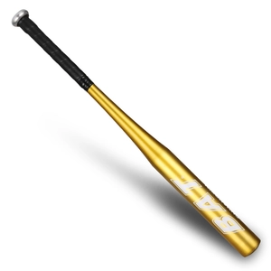 Detail of golden aluminum alloy baseball bat featuring a non-slip black grip and BAT logo