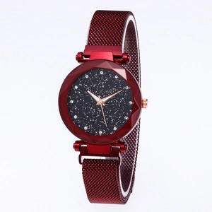 Montre quartz femme ciel étoilé élégante avec bracelet magnétique en acier bordeaux