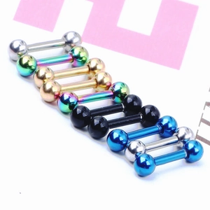 Close-up of 3mm stainless steel barbell studs in diverse colors like gold and blue