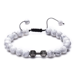 Detail of white turquoise beads and silver dumbbell charm with Live Lift engraving