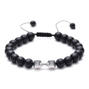 Lava stone fitness bracelet with matte black beads and silver dumbbell pendant Live Lift