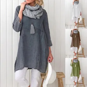 Vestido Midi de Poliéster Casual para Mujer Manga Larga Cuello Redondo Color Sólido Vestido Recto Holgado Con Aberturas Laterales