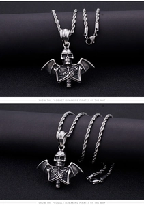 Macro shot of gothic stainless steel bat skull pendant with intricate vintage textures