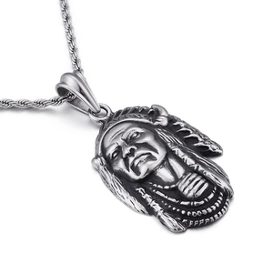 Vintage Indian tribal chief pendant necklace with feather headdress on twisted rope chain