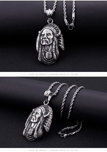 Detailed macro view of vintage Indian chief pendant and textured twisted metal chain