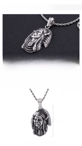 Detailed view of engraved retro stainless steel Indian tribal chief pendant with dimensions