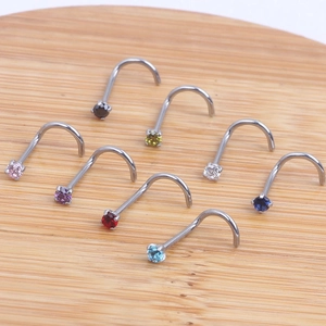 Set of 8 colorful L-shaped stainless steel nose studs with round zircon stones
