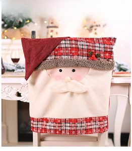 Detail of Santa Claus chair cover featuring red plaid fabric and 3D beard decoration