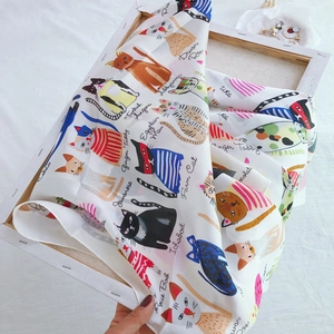 Elegant 90cm silk square scarf featuring cute hand-painted cat illustrations and names