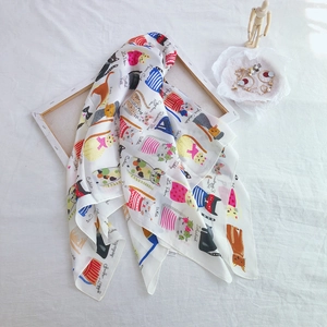 90cm silk-feeling square scarf featuring colorful cartoon cat illustrations and patterns