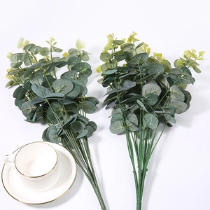 Detailed view of artificial eucalyptus leaves with realistic texture and green finish