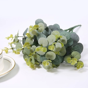 Detailed view of eucalyptus artificial leaves bundle with realistic green leaf texture