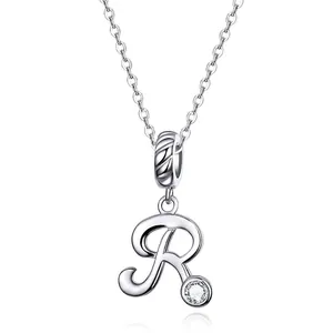 925 Sterling Silver Letter R Pendant Necklace with Sparkly Zirconia for Women
