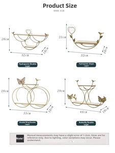 Detailed size chart for four gold metal wall floating shelves with dimensions in centimeters