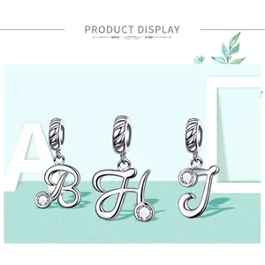 S925 sterling silver alphabet charms featuring B, H, J letters with sparkling zircons