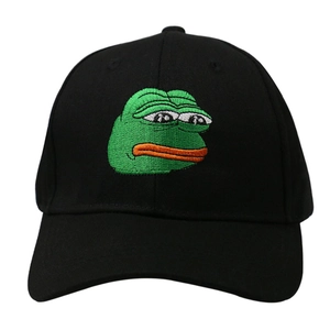 Streetwear black cotton baseball cap featuring green Pepe the Frog embroidery on front
