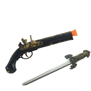 Pirate cosplay set featuring a vintage toy flintlock pistol and ornate silver plastic sword