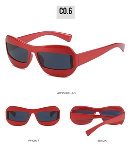 Three-angle view of red chunky cat-eye sunglasses with dark grey lenses and resin frame