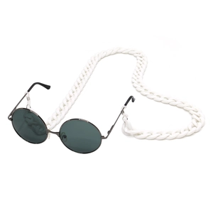 Retro round metal sunglasses with thick white acrylic anti-lost chain and grey lenses