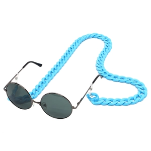 Sky blue acrylic eyeglass chain with heart shape arrangement on white background