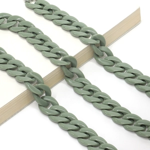 Close-up of sage green acrylic chunky chain strap placed on a white book edge