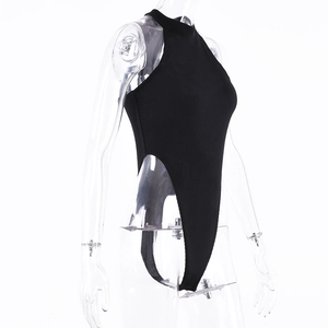 Close-up of ribbed texture and high-cut leg opening on a black sleeveless bodysuit