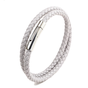 Double-wrap grey braided leather bracelet with a silver magnetic clasp for men and women