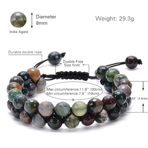Double-layered Indian Agate beaded bracelet with 8mm faceted stones and adjustable cord knot