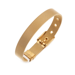 Adjustable golden stainless steel mesh bracelet with buckle design for men on white background