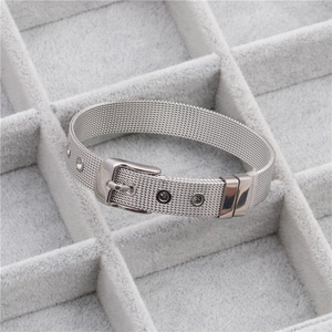 Close-up of 10mm silver stainless steel mesh bracelet with adjustable belt buckle design