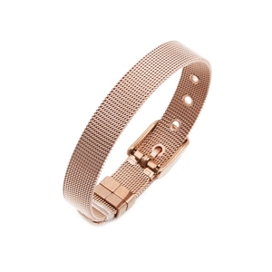 Rose gold stainless steel mesh watch band bracelet with adjustable buckle on white background