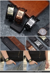 Detail of braided leather wristband featuring antique metal wolf head plate and buckle