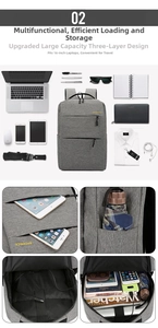 Detailed layout of gray business backpack showing three-layer storage for 16-inch laptop