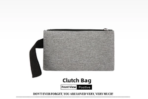 Front detail of gray Oxford fabric business pouch with top zipper and carrying handle