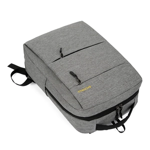 Gray oxford waterproof business backpack with USB charging port and yellow text detail