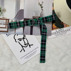 Detail of green and white plaid nylon canvas belt with silver double D-ring buckle
