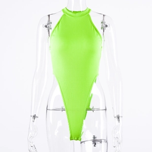 Detailed close-up of neon green ribbed knit sleeveless bodysuit on a mannequin