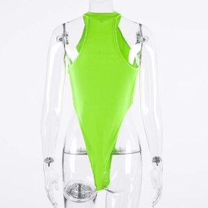 Detail of neon green ribbed bodysuit showing open back and high-cut leg design