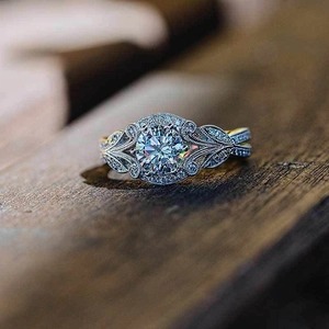 Vintage Princess Simulated Diamond Ring Leaf Design Zircon Inlay Copper Wedding Engagement Jewelry For Women