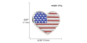 Detail view of heart-shaped USA flag enamel pin with exact dimensions and weight specs