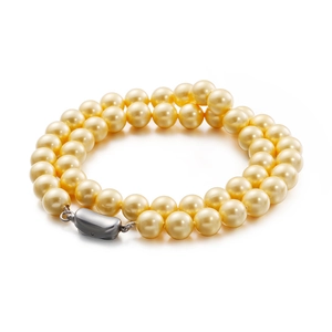 8mm double-strand gold pearl necklace with glossy finish and silver metal buckle