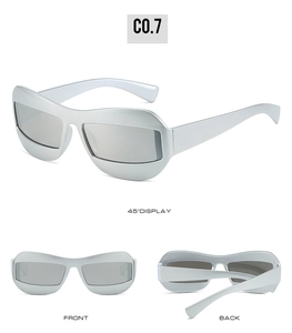 Detailed multi-angle views of futuristic silver cat-eye sunglasses with wide matte frames