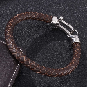 Men's brown braided leather bracelet with silver stainless steel horseshoe clasp