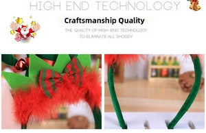Detail of Christmas elf headband featuring red feathers and a striped bow ornament