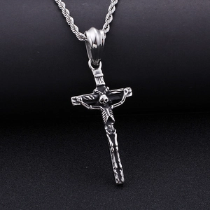 Vintage stainless steel cross necklace with skull Jesus pendant and twist chain for men